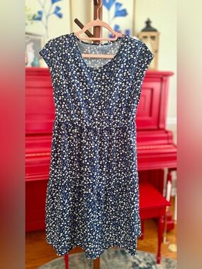 Navy and White Floral Cap-Sleeve Dress